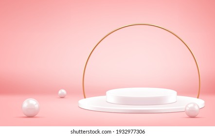 White podium 3D with golden rainbow and balls pink vector illustration. Round geometric platform with scattered pearl surrounded by arc elite yellow metal for presentation winners award ceremony.