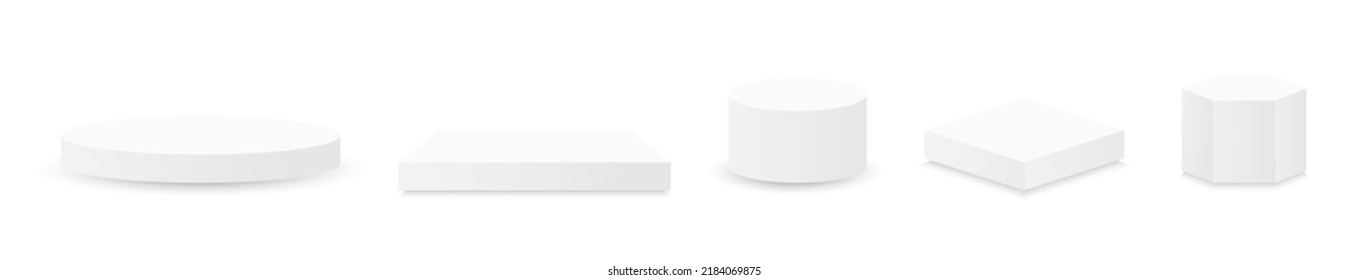 White podium 3d mockup set. Stage platform light. Premium product. Contest circle. Scene stand. Award show. Cosmetic presentation. Minimal design interior. Pedestal floor. Vector illustration.