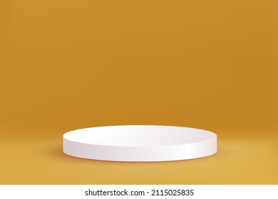 white podium 3d on yellow background. Blank showcase mockup with empty round stage