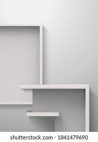 White podium in 3d render. Shelves for product showcase on white background.