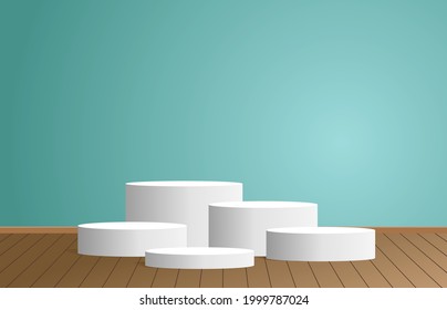 White podium or 3D round pillar stand scene and winner pedestal in studio . green wall empty room and brown wood floor background.vector illustration.