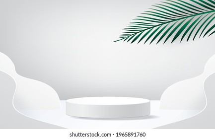 white podium 3d tropical scene for show presensation product vector illustation and wall minimal design .