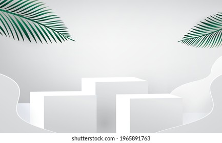 white podium 3d tropical scene for show presensation product vector illustation and wall minimal design .