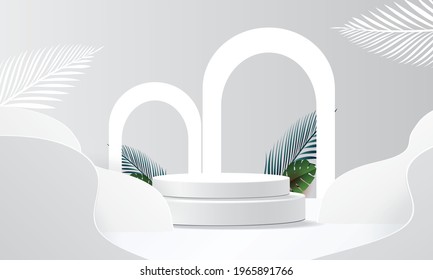 white podium 3d tropical scene for show presensation product vector illustation and wall minimal design .