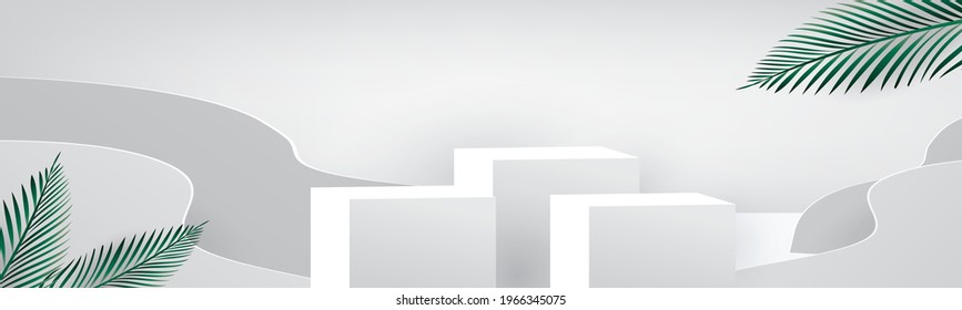 white podium 3d tropical scene for show presensation product vector illustation and wall minimal design .