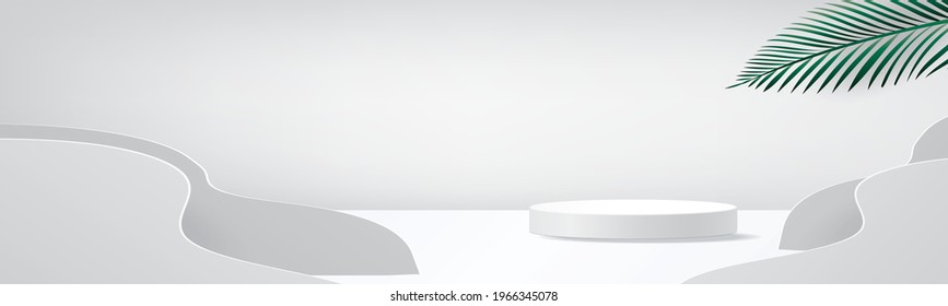 white podium 3d tropical scene for show presensation product vector illustation and wall minimal design .