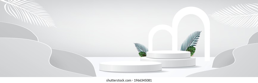 white podium 3d tropical scene for show presensation product vector illustation and wall minimal design .