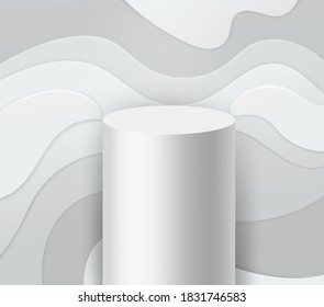 White podium. Abstract geometric cylinder shape paper and textured wavy layer background, geometric empty studio pillar pedestal minimal scene for showcase product or awards 3d vector realistic mockup