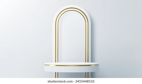 White podium with arch and golden frame stage for product display, vector background. Realistic podium pedestal with round platform and arch in golden bezel line for luxury promotion showcase mockup