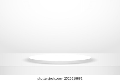 White podium background. 3d stage with soft shadow. Realistic studio platform. Light room with pedestal. Grey table with displaying product place. Showcase template. Vector illustration.
