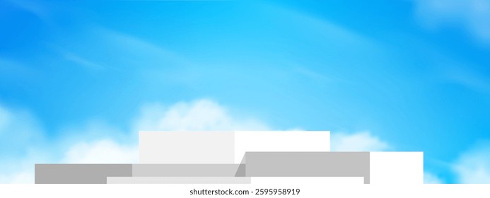 White Podium Background on Blue Sky and Cloud,3d platform stage stand mock up for cosmetic product design,Abstract background  for spring,summer banner