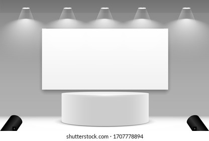 white podium and white billboard background in the studio room