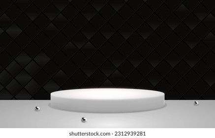 White podium in black ceramic tile wall background with 3d spheres. Scene to show cosmetic product, Showcase, shopfront, display case. 3D backdrop of gallery with copy space for advertising. Vector