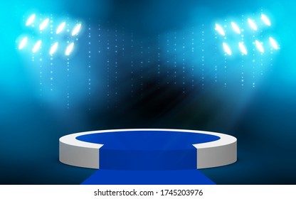 white podium and blue carpet with colorful spotlight in the studio