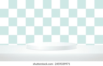 White podium in the blue check pattern room. Minimal wall scene. Pastel color abstract room design. Space for selling products on the website. Vector illustration.