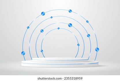 Podio blanco con línea circular azul en la parte posterior para la presentación del producto. Presentación de productos cosméticos. Etapa o podio. ilustración vectorial	