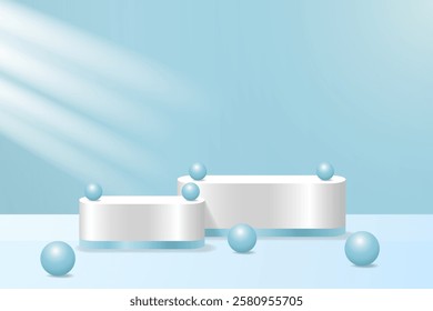 White Podium with Blue Spheres and Soft Light on Pastel Blue Background
