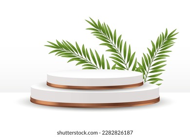 White podium with bronze trim and palm leaves on a white background. 3D illustration, vector