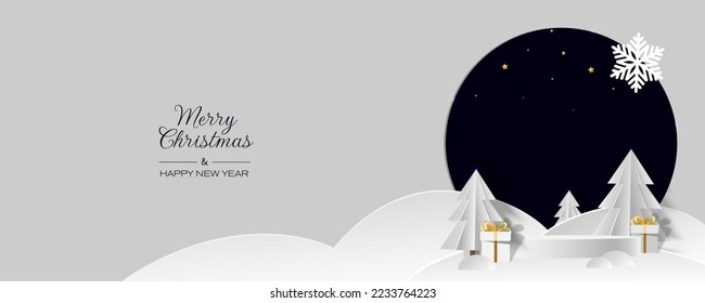 White podium with white christmas tree, gift box and snowflake in paper cut style. Merry Christmas and Happy New Year banner. Vector illustration.