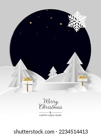 White podium with white christmas tree, gift box and snowflake in paper cut style. Merry Christmas and Happy New Year card. Vector illustration