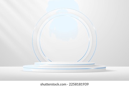 Weißes Podium mit weißem Kreis und eleganter blauer Linie auf der Rückseite für die Produktpräsentation. Darstellung kosmetischer Mittel. Bühne oder Podium. Vektorgrafik