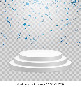 White Podium With Colorful Confetti. Isolated On Transparent Background, Vector Illustration, Eps 10.

