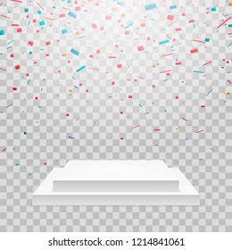 White podium with colorful confetti. Isolated on transparent background, vector illustration, eps 10.
