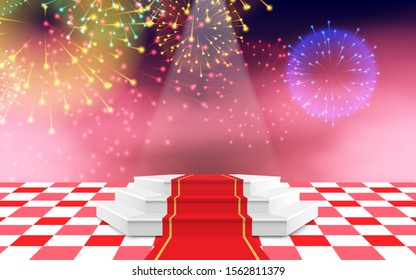 white podium with colorful fireworks background