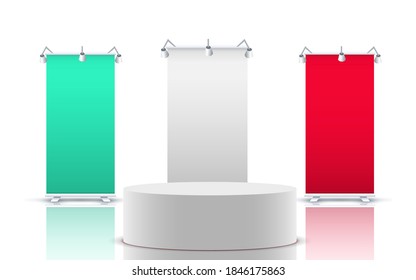 white podium with colorful standee in the white room