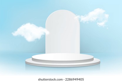 White podium concept. Place for presentation of goods and cosmetic products. Pedestal or scene in clouds. Advertising poster or banner for website, marketing. Realistic 3D vector illustration