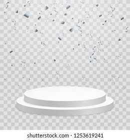 White podium with confetti. Isolated on transparent background, vector illustration, eps 10.
