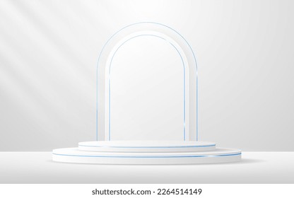 Podio blanco con borde curvo blanco y elegantes líneas azules en la parte posterior para la presentación del producto. Presentación de productos cosméticos. Etapa o podio. ilustración vectorial	