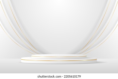 White podium with white curved border and gold lines on the back for product presentation. Cosmetic product display. vector illustration
