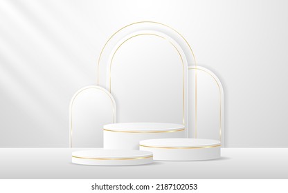 White podium with white curved contours and elegant gold lines on the back for product presentation. Cosmetic product display. vector illustration	