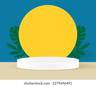 White podium decoration with scene summer, sun, blue and yellow background. Stage platform for display product, show, sale. Abstract backdrop decor with tropical plant leafs. Vector