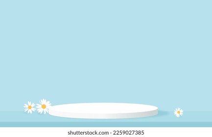 White podium display 3d rendering with daisy flower on blue mint background vector. Minimal pastel product backdrop.