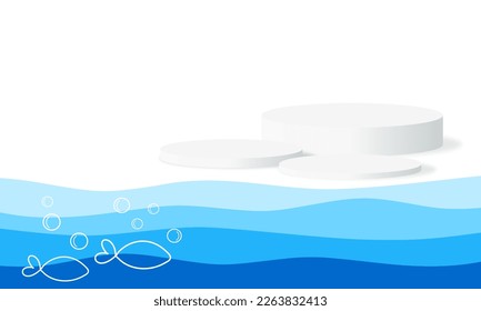 White podium display 3d rendering with abstract blue sea wave and fish on white background vector.