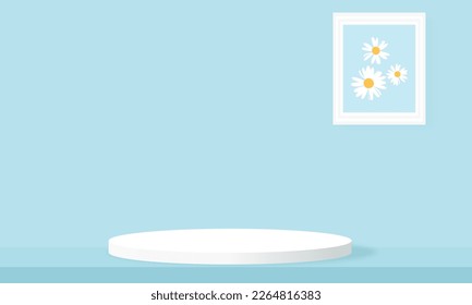 weißes Podium 3D-Darstellung mit blühender Blume und Bilderrahmen auf blauem Hintergrund, Vektorgrafik. Minimaler pastellfarbener Hintergrund.