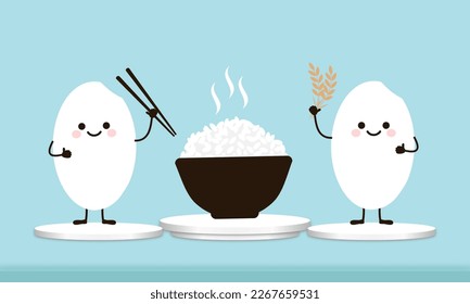 white podium display 3d rendering with rice bowl, chopsticks, rice plant and rice seed cartoons on blue background vector. 