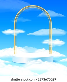 White podium display with with blue sky for product presentation, clouds and sky background. product presentation, mockup Podium, white stage pedestal, or platform. vector