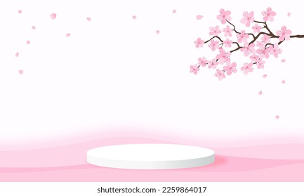 White podium display with Cherry blossom Sakura branch and flying petals on pink pastel background vector.