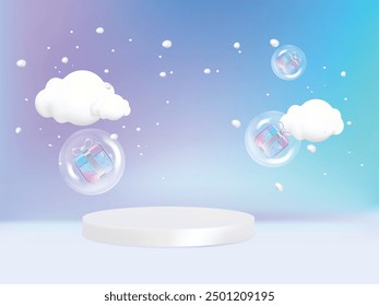 White podium display with gift ball for winter holiday background. New Year and Christmas product presentation.