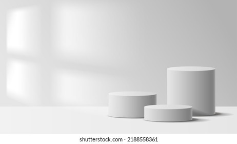 White podium display minimal background product display scene of abstract light for cosmetic, branding and packaging presentation. studio stage with shadow of leaf background. vector design.