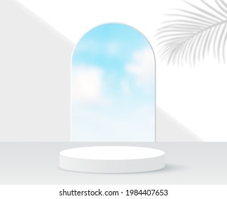  pantalla de podio blanco con sombra de palmera para la presentación del producto, fondo del cielo azul de verano. presentación de productos, simulación de podio, pedestal o plataforma. 3.ᵉʳ vector