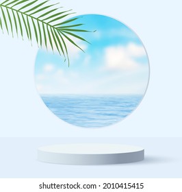  pantalla de podio blanco con sombra de palmera para la presentación del producto, fondo del cielo azul de verano. presentación de productos, simulación de podio, pedestal o plataforma. 3.ᵉʳ vector