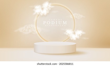White podium display product and heart shape cloud with glitter golden circle lines element, Realistic 3d luxury style background, vector illustration for promoting sales and marketing.