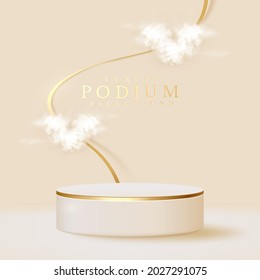 White podium display product and heart shape cloud with sparkle gold lines element, Realistic 3d luxury style background, vector illustration for promoting sales and marketing.