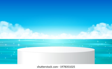 White podium display with for product presentation. Summer blue sky and white clouds on the horizon background. product presentation, mockup Podium. Stage pedestal or platform. 3d vector.