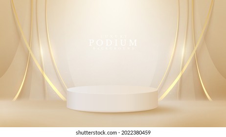 White podium display product and sparkle golden curve line element, Realistic 3d luxury style background, vector illustration for promoting sales and marketing.