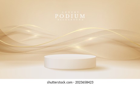 White podium display product and sparkle golden curve line element, Realistic 3d luxury style background, vector illustration for promoting sales and marketing.